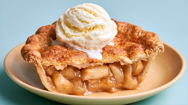 Golden apple pie with ice cream on top.