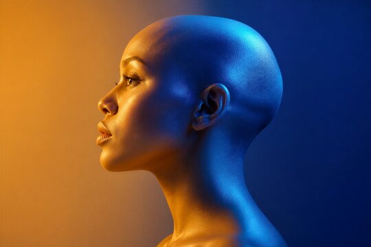 Smooth, shaved head gleams under dual-toned lighting. Soft, golden glow meets cool, blue light on profile. Eyes gaze calmly, lips slightly parted. Serene expression conveys quiet confidence