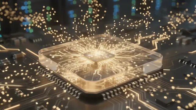 Digital energy flowing through futuristic processor chip in server room