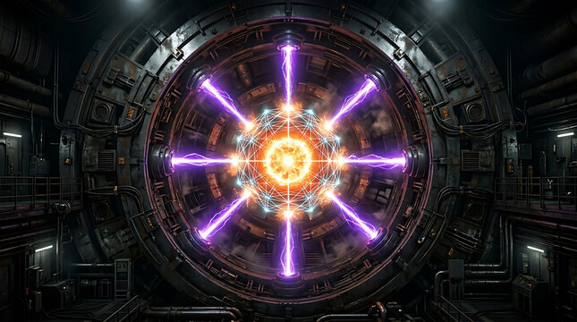 Massive circular reactor chamber with glowing orange core and purple energy conduits is displayed