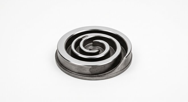 Macro of cast iron scroll compressor orbiting involute. Precision machined spiral wall with flat mating surface for industrial HVAC pumping systems. Isolated on white.
