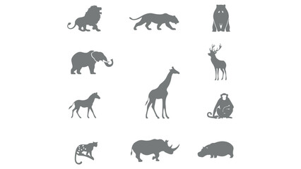 Fototapeta premium Wild animal silhouettes including lion, elephant, giraffe, rhino on white.