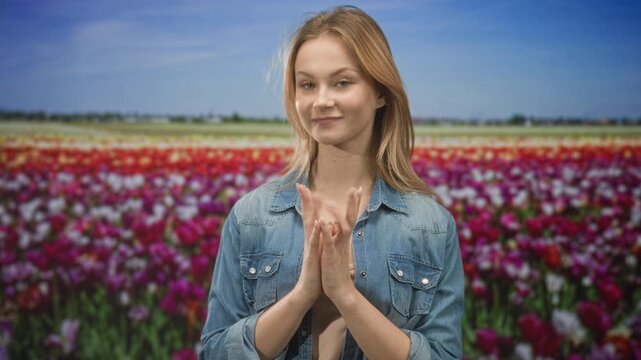 Woman clasping hands in a prayer gesture in a tulip field wearing a denim jacket, head tilted and eyes softened in calm expression; serenity gratitude.