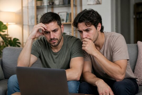 Two men sit on a couch, visibly stressed. They stare at a laptop, fingers tense, brows furrowed. One holds his head, the other grips his chin. The room is softly lit, with plants and shelves nearby
