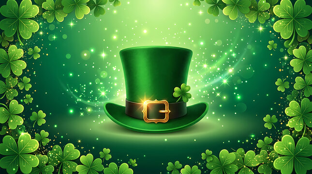 A green top hat with a gold buckle is surrounded by four leaf clovers and sparkles