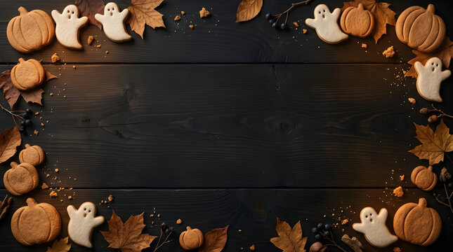 Halloween cookie background, pumpkin and ghost biscuits on wood for autumn holiday, food flat lay and fall leaves. Border, copy space and seasonal frame with treats, baking and october party food