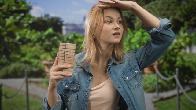 Woman holding clothespins, hand shading forehead while inspecting wooden pegs by a distant building in a garden; quiet curiosity.