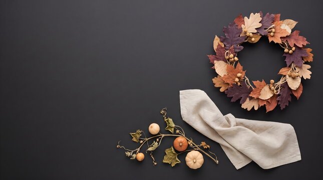 Autumn leaf wreath on black background, fall harvest decor, thanksgiving banner
