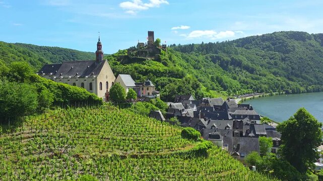 Slow panning motion over beautiful vineyards and the village of Beilstein on the shores of the Mosel River, Germany