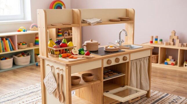 Wooden play kitchen with colorful toy food and accessories in bright room