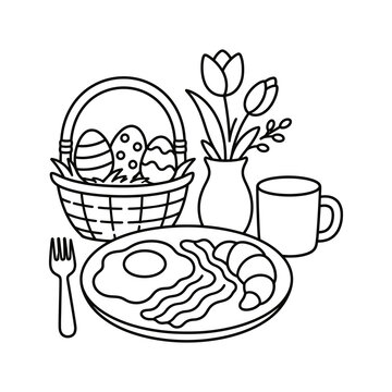 Easter morning breakfast with egg basket flowers and plate of food items.