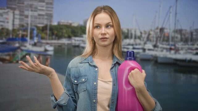Woman holding pink detergent bottle, hand on chest and shrugging palm up gesture on a street pier; dismissal annoyance.
