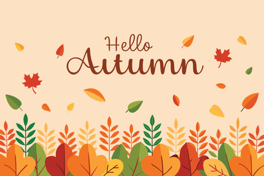 Hello autumn vector illustration with colorful leaves and plants in a bright background
