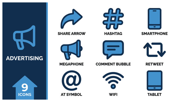Advertising icons set blue isolated vector illustrations for marketing and promotion.