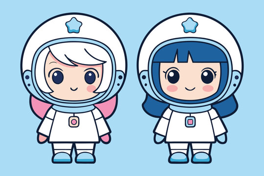 Cute vector astronauts in space suits standing together on a light blue background