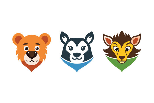 Vector illustration of animal heads including a bear, husky, and lion in a simple style