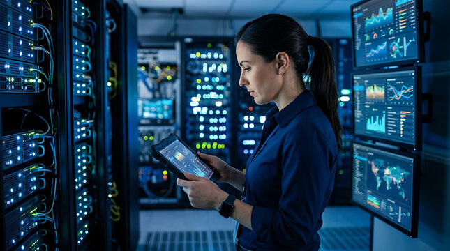 Technology in side profile examining data on a tablet within a server room