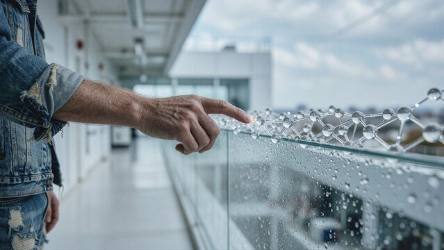 Man reaches toward glass structure consisting of interconnected spheres on a balcony railing during daylight with condensation droplets scattered across the surface.