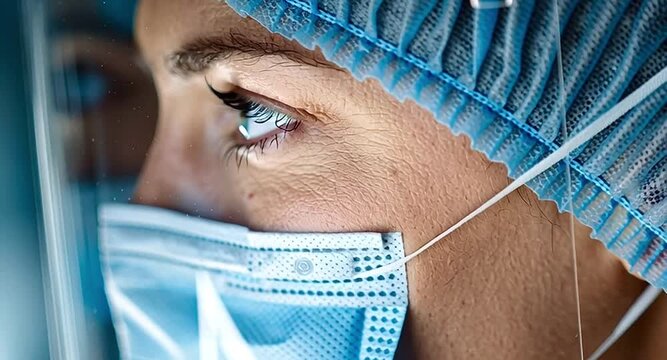 Extreme close up of a healthcare worker's tired but hopeful blue eyes wearing a face shield, surgical mask, and cap, looking away while working during the covid 19 pandemic