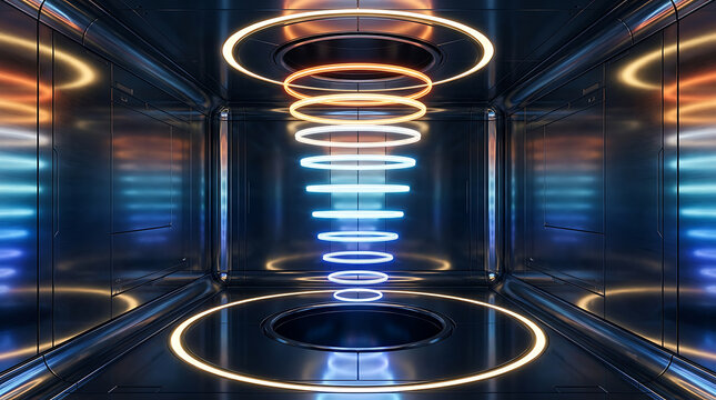 Illuminated concentric circles form a corridor within a futuristic metallic interior neon hallway