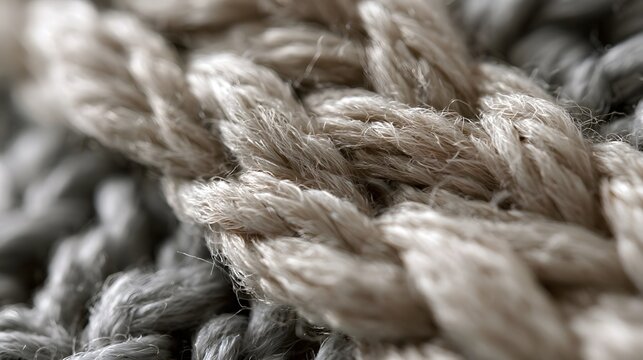 Close up of textured woven rope fibers with soft natural lighting highlighting fine details and subtle tonal variations