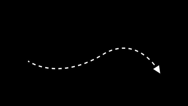 White curved arrow icon with a dashed line on a black background