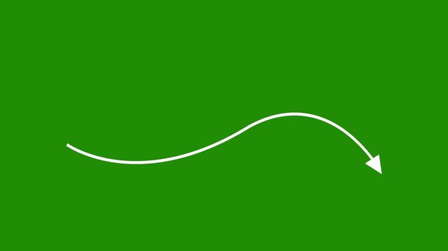 Simple white hand drawn arrow pointing down and right on a solid green background