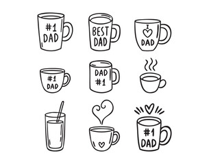 Obraz premium Mug set for fathers day Dad number 1 I love Dad Best Dad, hand drawn doodle line art monochrome hand drawn