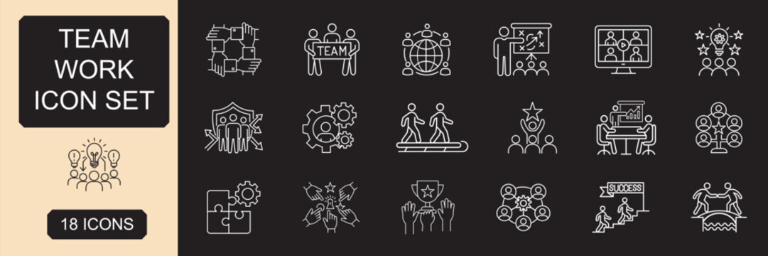 Teamwork and Business Collaboration Line Icons Vector Set