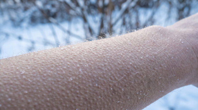 Close up of human arm with goosebumps and frost in freezing winter