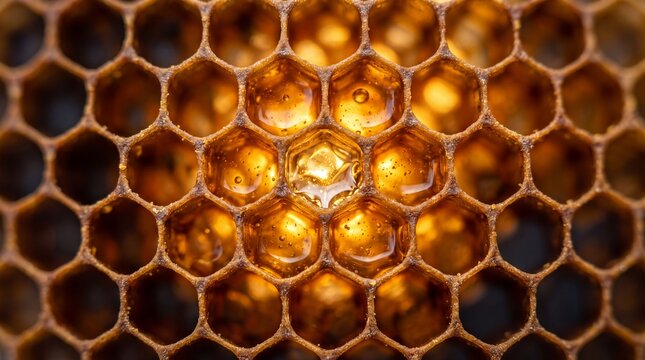 Golden Honey in Honeycomb Cells Macro Close Up