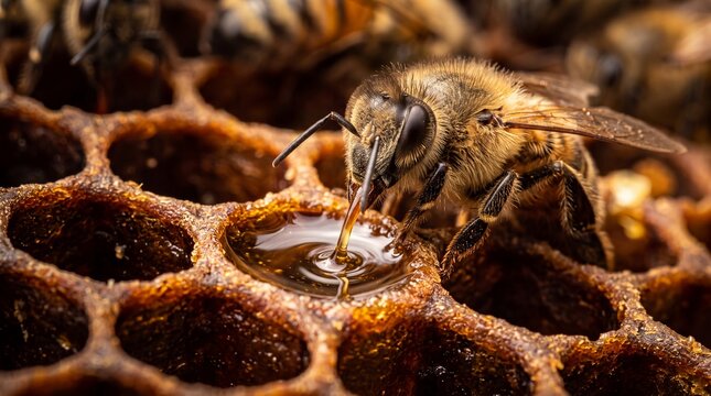 Honeybee Feeding on Fresh Honey in Honeycomb Cell