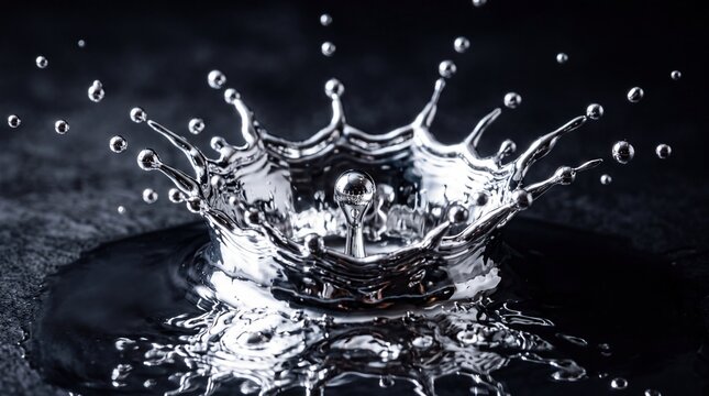 Liquid Metal Splash Creating Crown Droplet on Dark Surface