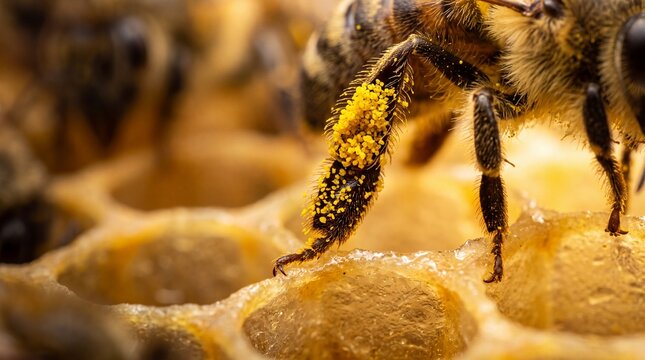 Macro Close Up of Honeybee with Pollen on Honeycomb