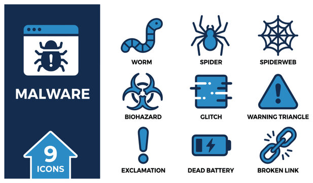 Malware icons set computer bug worm spider web danger alerts for cybersecurity concept.