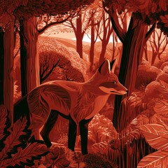 Naklejka premium Fox stands among trees in an autumn forest. The forest features rich russet colors. This artwork invites adventure in nature.
