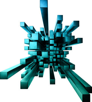 Abstract 3D Metallic Cyan Geometric Cube Extrusions Isolated on Transparent Background