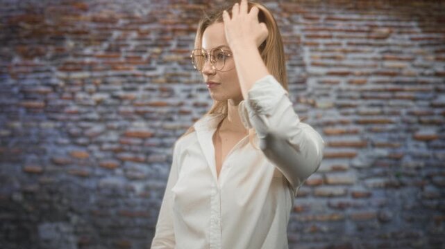 Woman wearing white shirt and glasses tucks hair behind ear and adjusts glasses against a brick wall in studio; serene confidence.