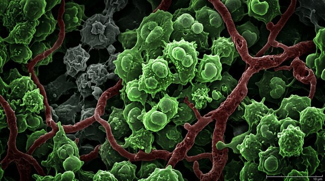 Cancer cells dividing in a tumor microenvironment under scanning electron microscope view
