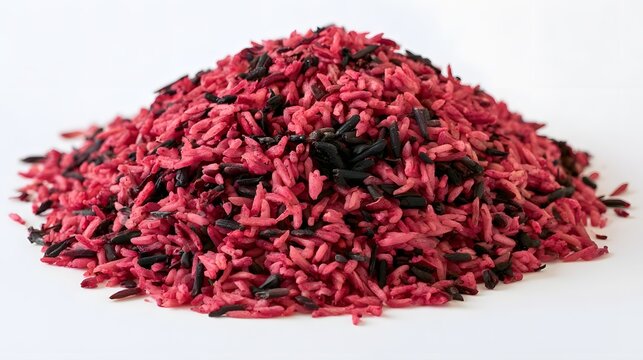 A mound of vibrant pink and black rice grains displayed against a clean white background with soft lighting