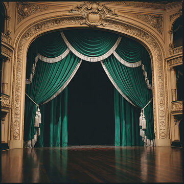 Green Velvet Theater Curtains on Opulent Gold Stage Arch Background