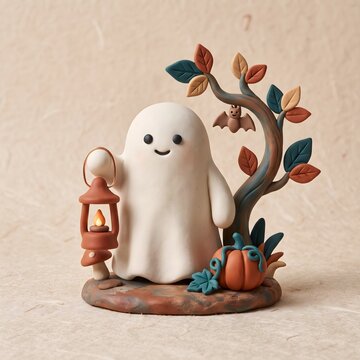 Clay ghost figurine with lantern, autumn Halloween scene, handmade spooky decor