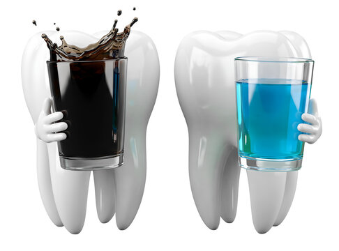 Personagens Dentes Brancos em 3D Segurando Copo com Caf&eacute; e &Aacute;gua