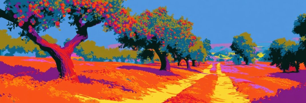 An apple orchard shows trees filled with apples under a bright sky during harvest time. The view features vibrant colors and a dirt path.
