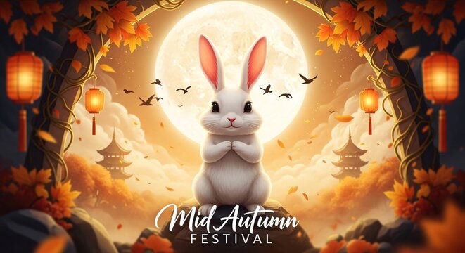 A white rabbit in a festive autumn scene with a large moon and lanterns for mid autumn festival