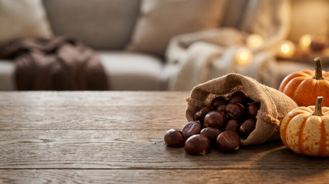 Roasted chestnuts in a burlap sack with pumpkins on rustic wooden coffee table