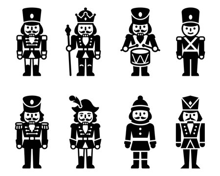 A collection of eight black and white nutcracker icons featuring various soldier uniforms and festive holiday characters for christmas design projects