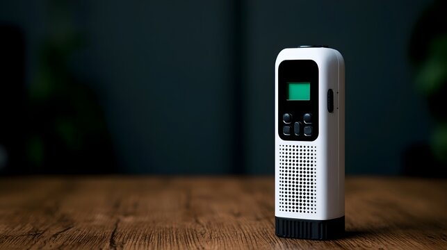 A sleek white portable device with a green screen and perforated speaker grille stands upright on a wooden surface against a dark background