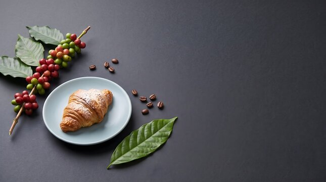 Fresh coffee beans on branch, buttery croissant on plate, dark background