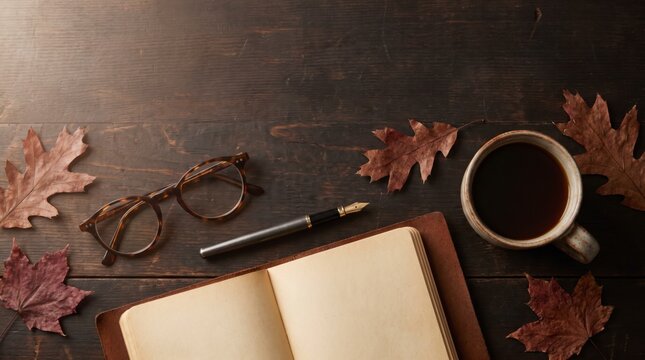 Flat lay of glasses, journal and coffee with autumn leaves on dark wood desk